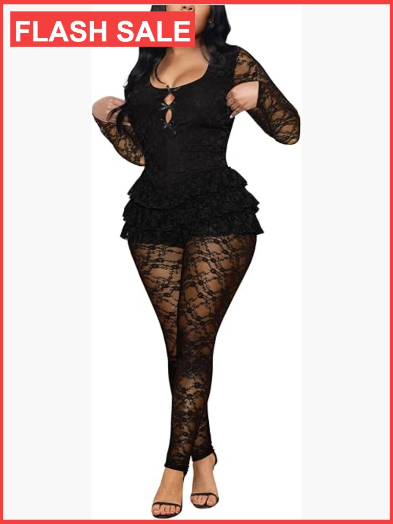 Elegant Lace Cutout Bow Front Ruffled Trim Floral Jumpsuit One Piece Party Club